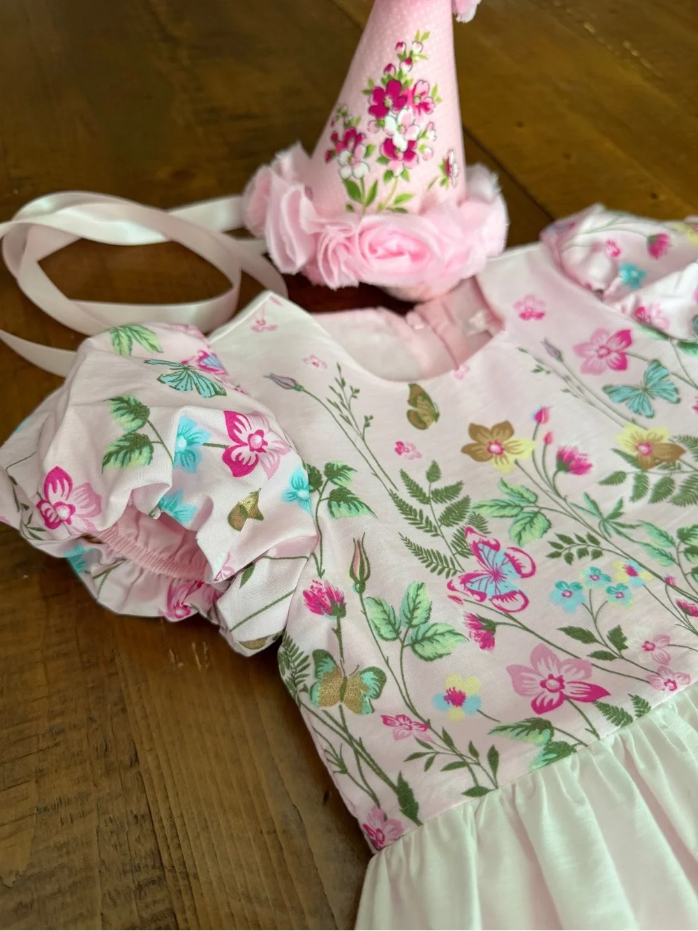 Floral/butterfly girls birthday dress and hat
